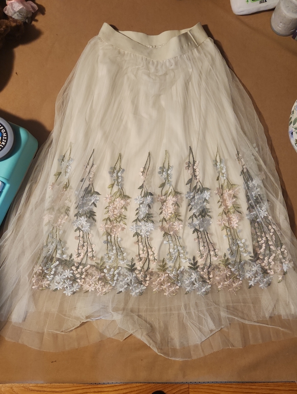 Moon Collection Cream Tulle Maxi Skirt with Pastel Floral Embroidery